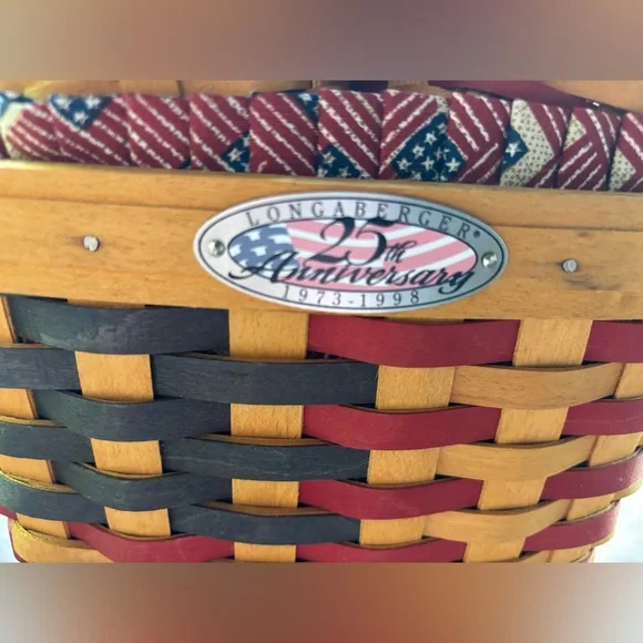 Longaberger 25th Anniversary Basket w/ Red & Blue Flag, Fabric & Plastic Liner - Picture 4 of 11